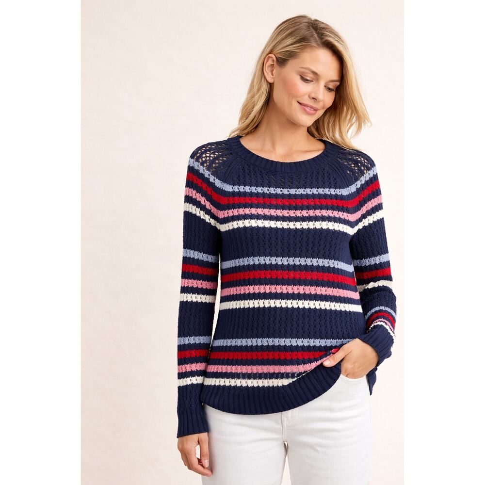 Talbots Petite Medium Open Knit Cotton Sweater Navy Striped Lightweight Preppy
